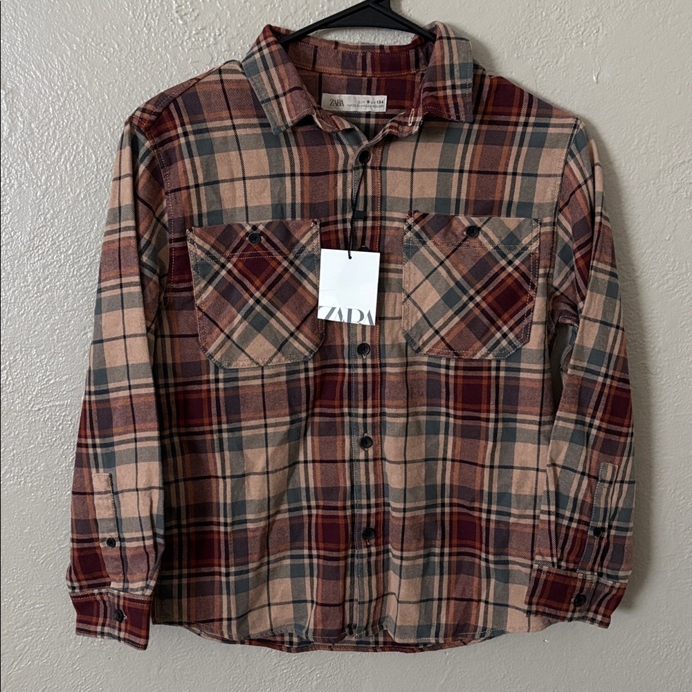 ZARA Boys Plaid Cotton Flannel Button Down Shirt, Size 9, Fall